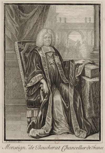 Portrait de Louis Boucherat en robe de chancelier, la main posée sur la cassette des sceaux de France - Robert Bonnart